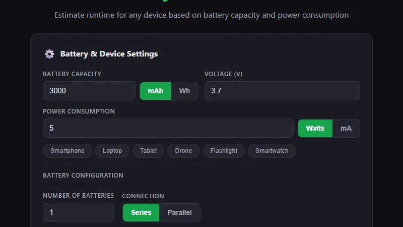 Battery Life Calculator — estimate battery runtime for any device based on capacity and consumption