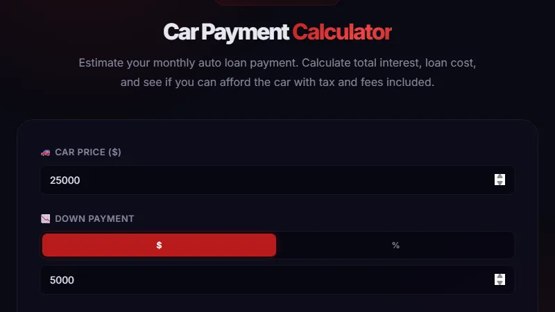 Car Payment Calculator — estimate monthly auto loan payments with tax and fees