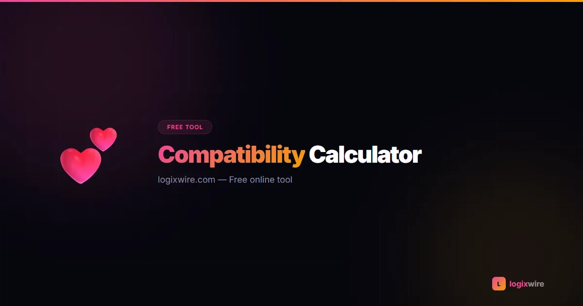 Love Compatibility Calculator — FLAMES result shown with names, percentage score, and personality traits