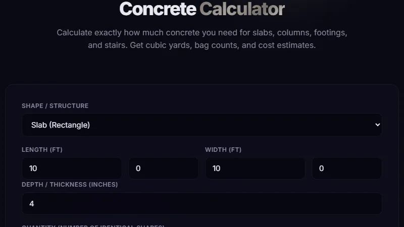 Concrete Calculator — calculate cubic yards of concrete needed for slabs and footings