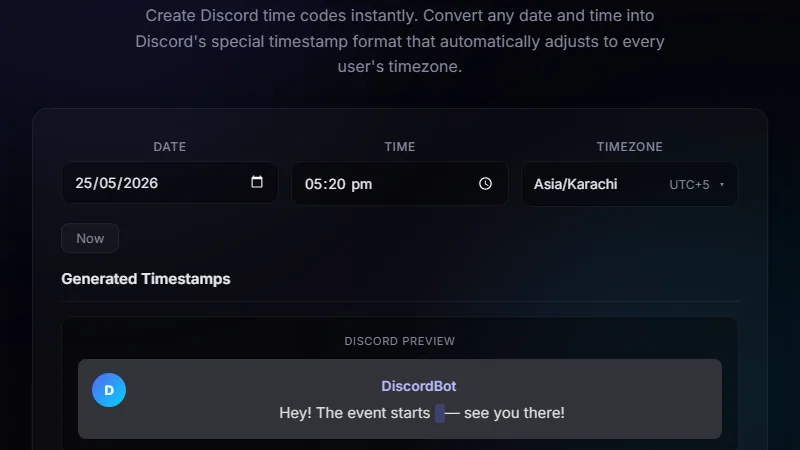 Discord Timestamp Generator — generate Discord timestamp codes in all 7 format styles for event announcements