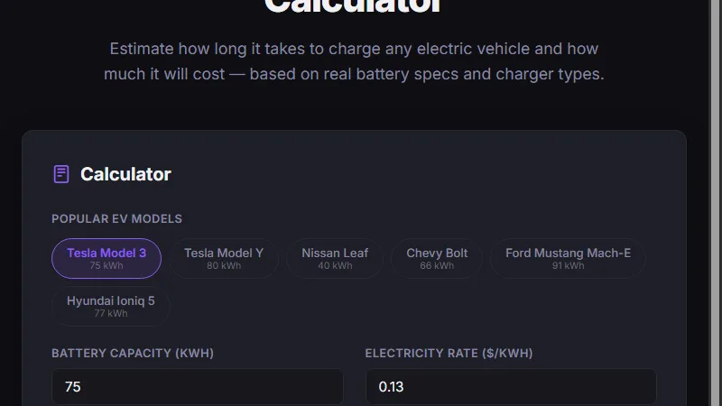 EV Charging Calculator estimating charge time for Level 1 Level 2 or DC fast charging