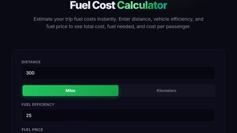 Fuel Cost Calculator — estimate trip fuel expenses by distance and vehicle efficiency