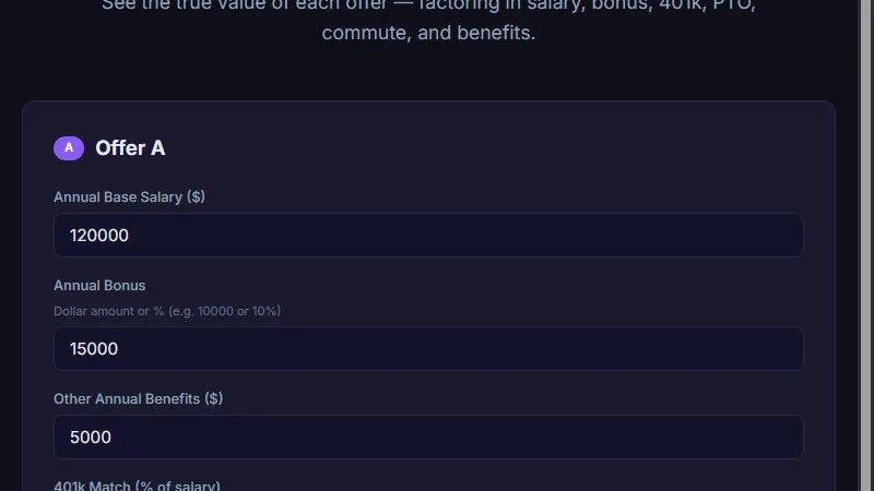 Job Offer Comparator comparing salary bonus 401k PTO commute cost and insurance side by side