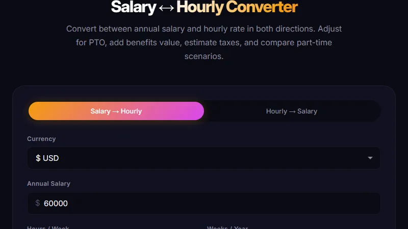 Salary to Hourly Converter — convert annual salary to hourly rate with PTO and benefits