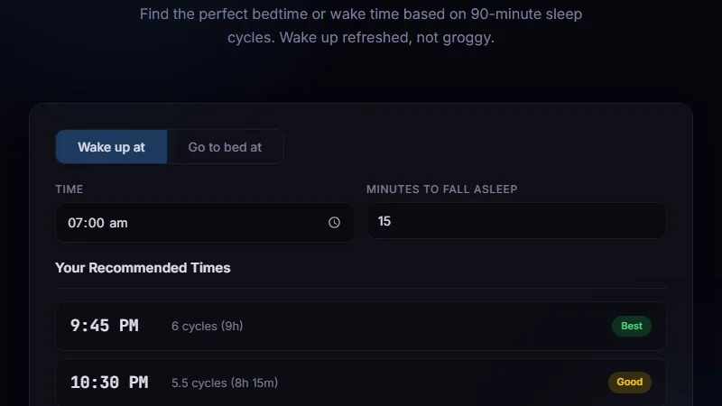 Sleep Calculator — optimal bedtime and wake time results based on 90-minute sleep cycles