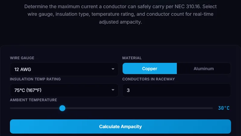Wire Ampacity Calculator — find maximum wire current capacity per NEC 310.16